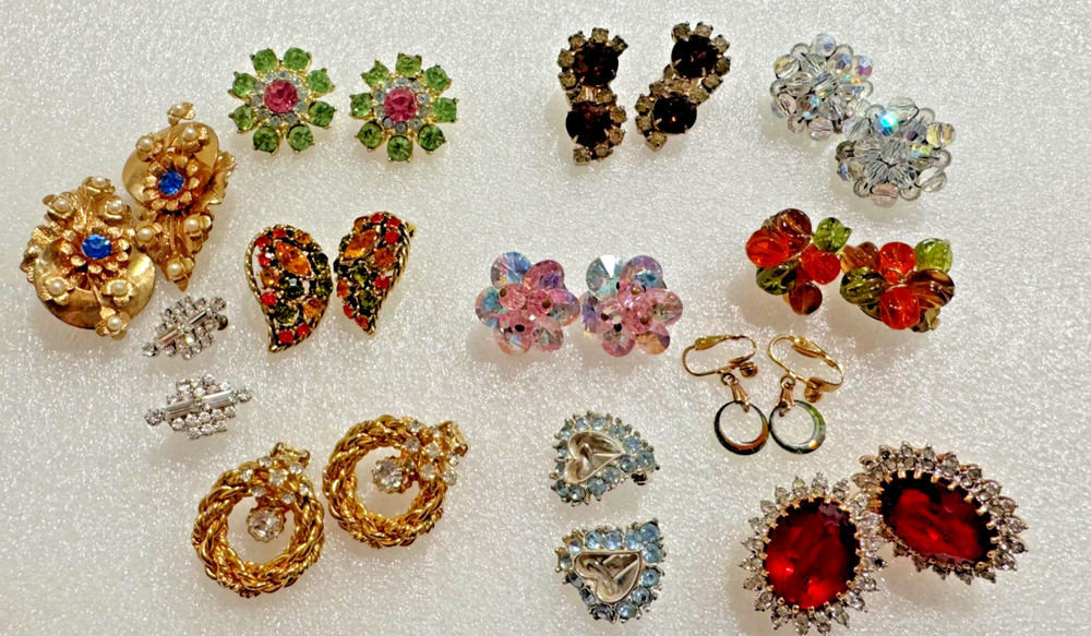 Vintage Clip On Earrings Lot 12 Pairs Rhinestone Statement Sparkly Bling NICE